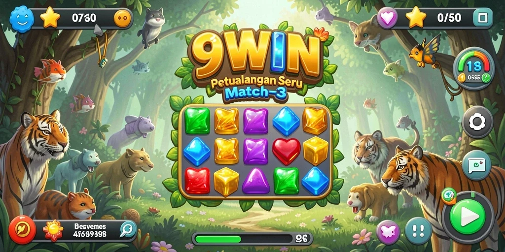 Tampilan gameplay seru dalam permainan Match-3 9WIN yang penuh warna.