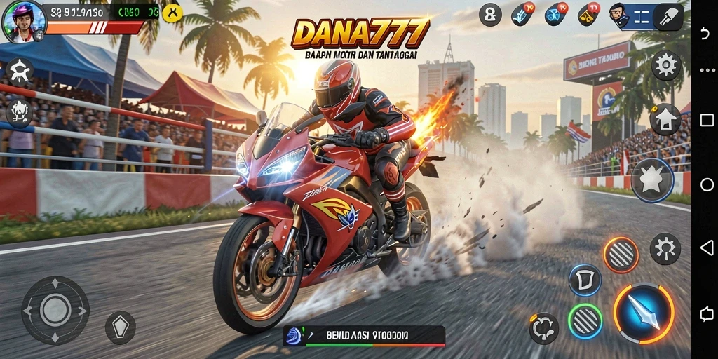 Tampilan gameplay seru DANA777 saat balapan motor di trek menantang.