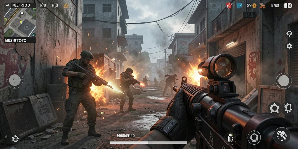 Screenshot gameplay MESIRTOTO dengan aksi menembak yang intens.